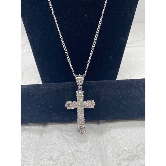 Chunky Crystal Cross Pendant Necklace Silver Tone Unisex Chain - Picture 3 of 8